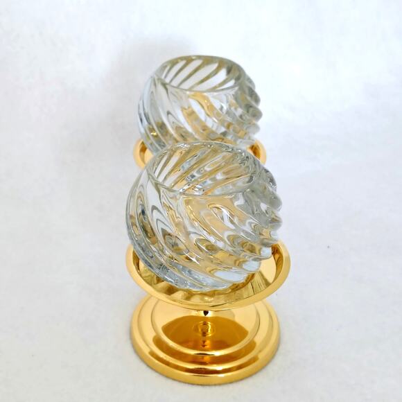 Partylite Swirl Votive Tea Light Glass Candle Holder Brass Pedestal Pair Set of2 - Picture 6 of 7